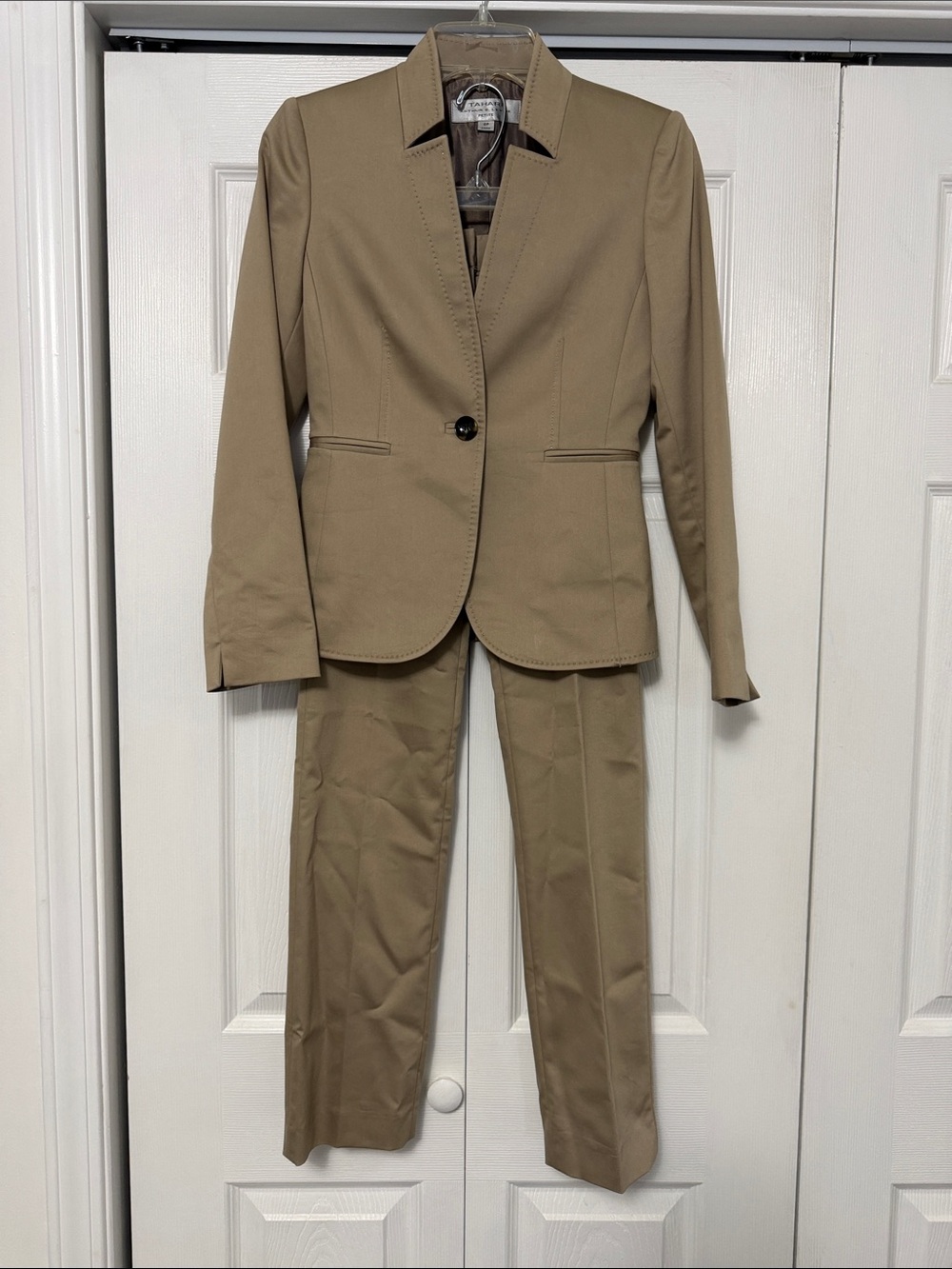 Women's Tan Tailored Pantsuit - Classic Single-Button Blazer & Straight Pants
